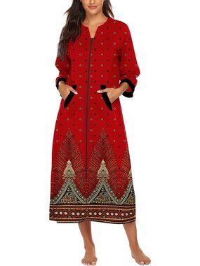 〽️Women's Bathrobe Red Gold 3/4 Sleeves Zipper Loungewear Full Length Nightgown